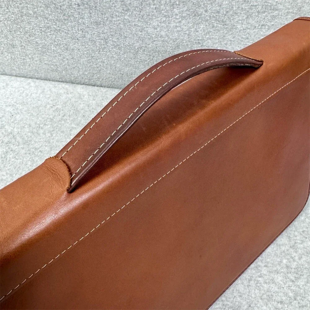 Vintage Brown Leather Portfolio Briefcase Document Case Top Handle Zip Closure